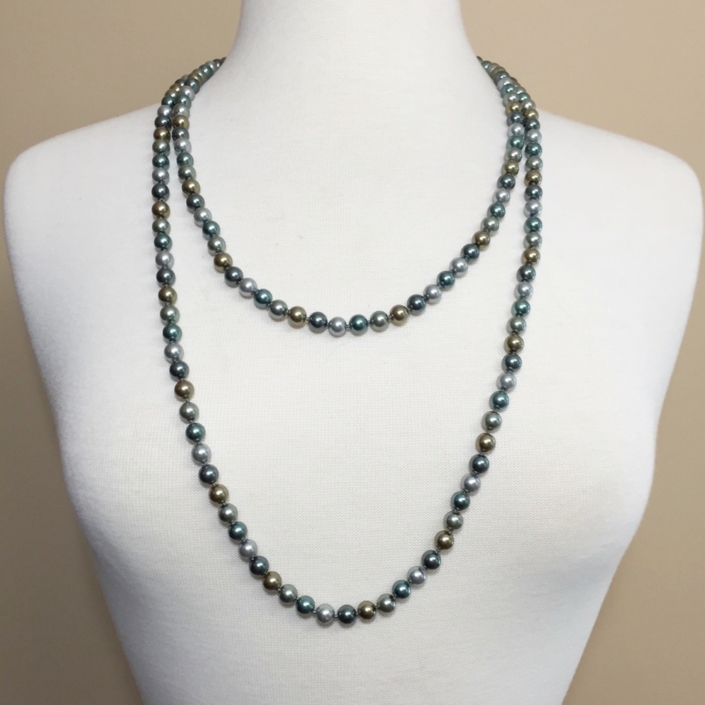 Super Long Grey Tones Glass Pearl Necklace - Picture 5 of 7